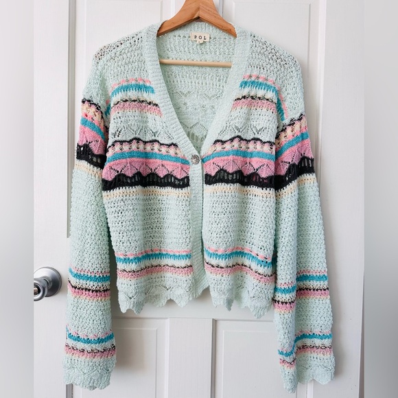 POL Sweaters - POL Arctic Blue Abstract Print Cropped Crochet Cardigan Sweater Size L